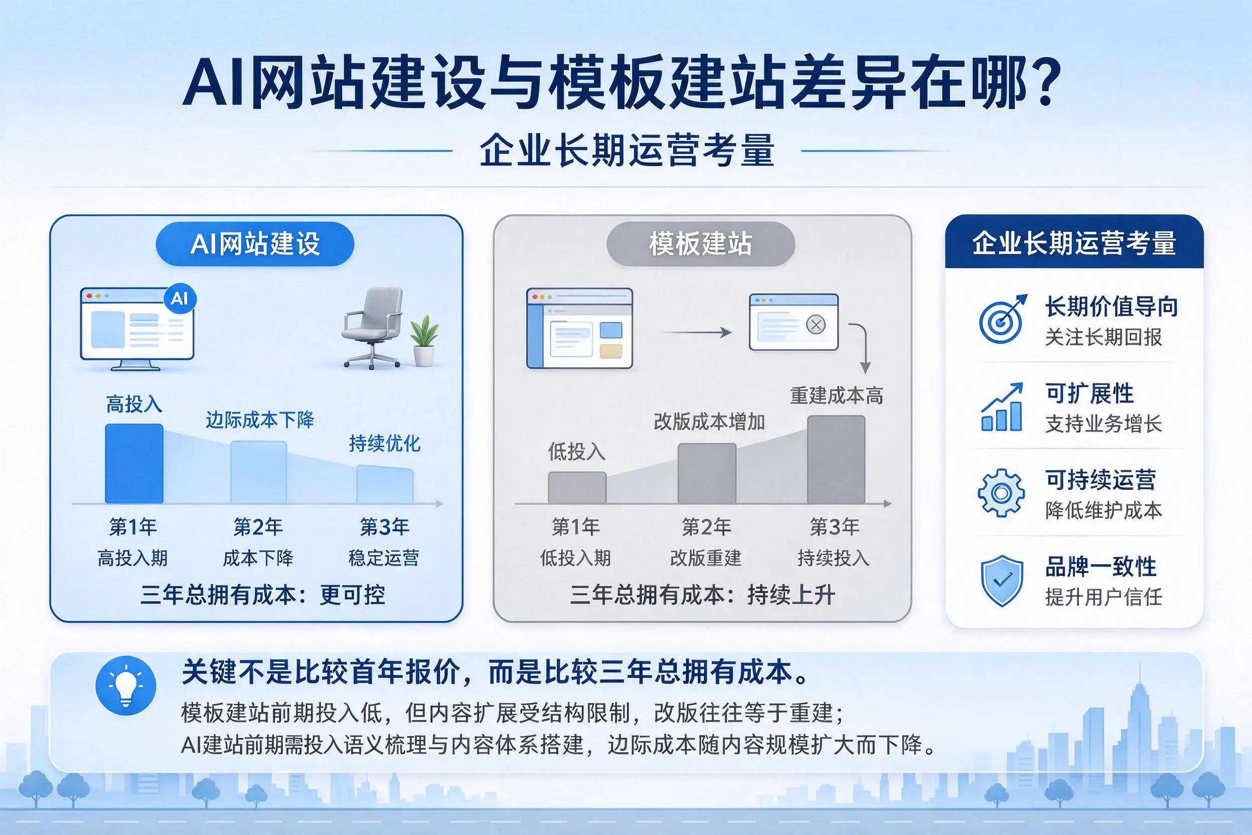 AI网站建设与模板建站差异在哪？云浮企业长期运营考量